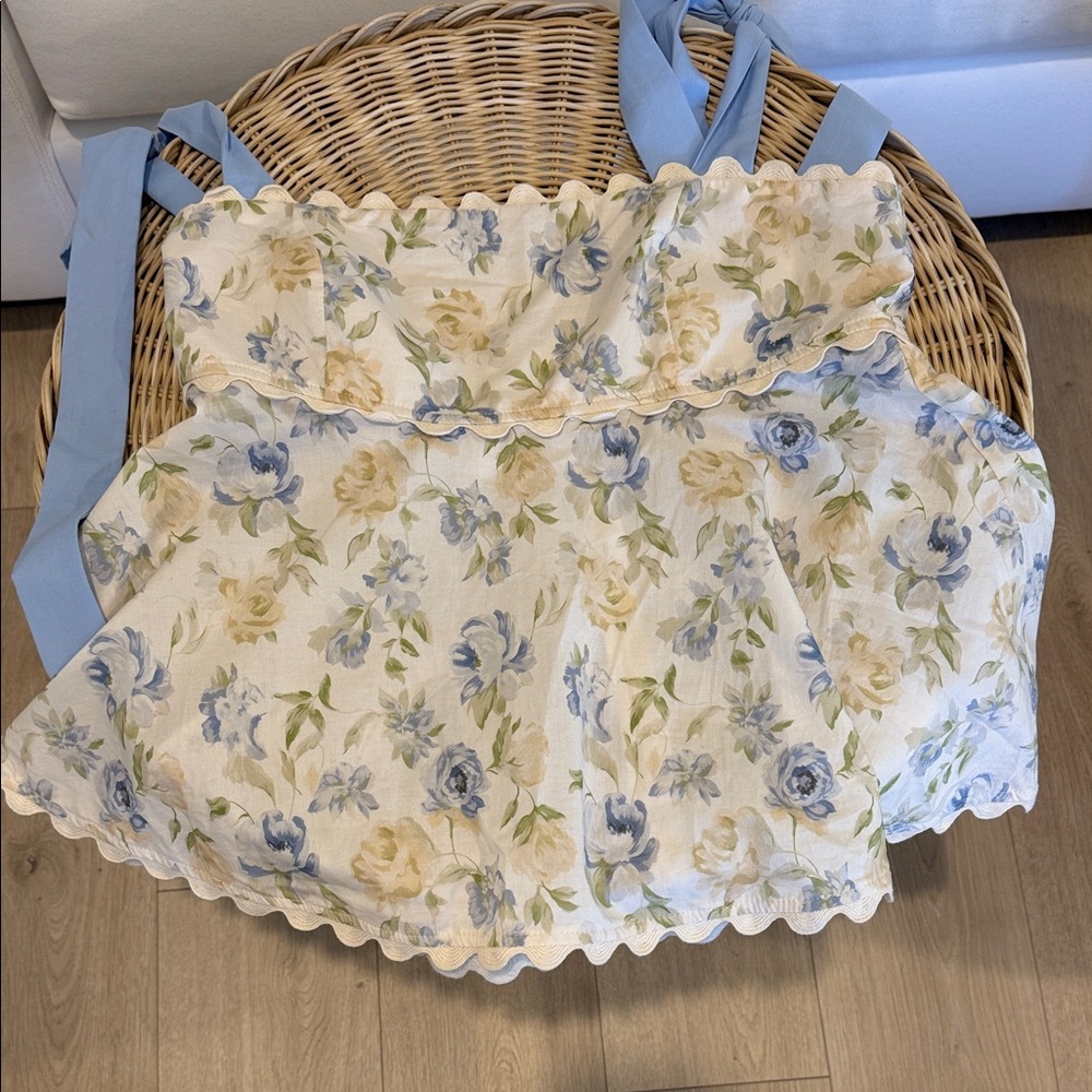 Floral Scalloped Basket with Blue Ribbon